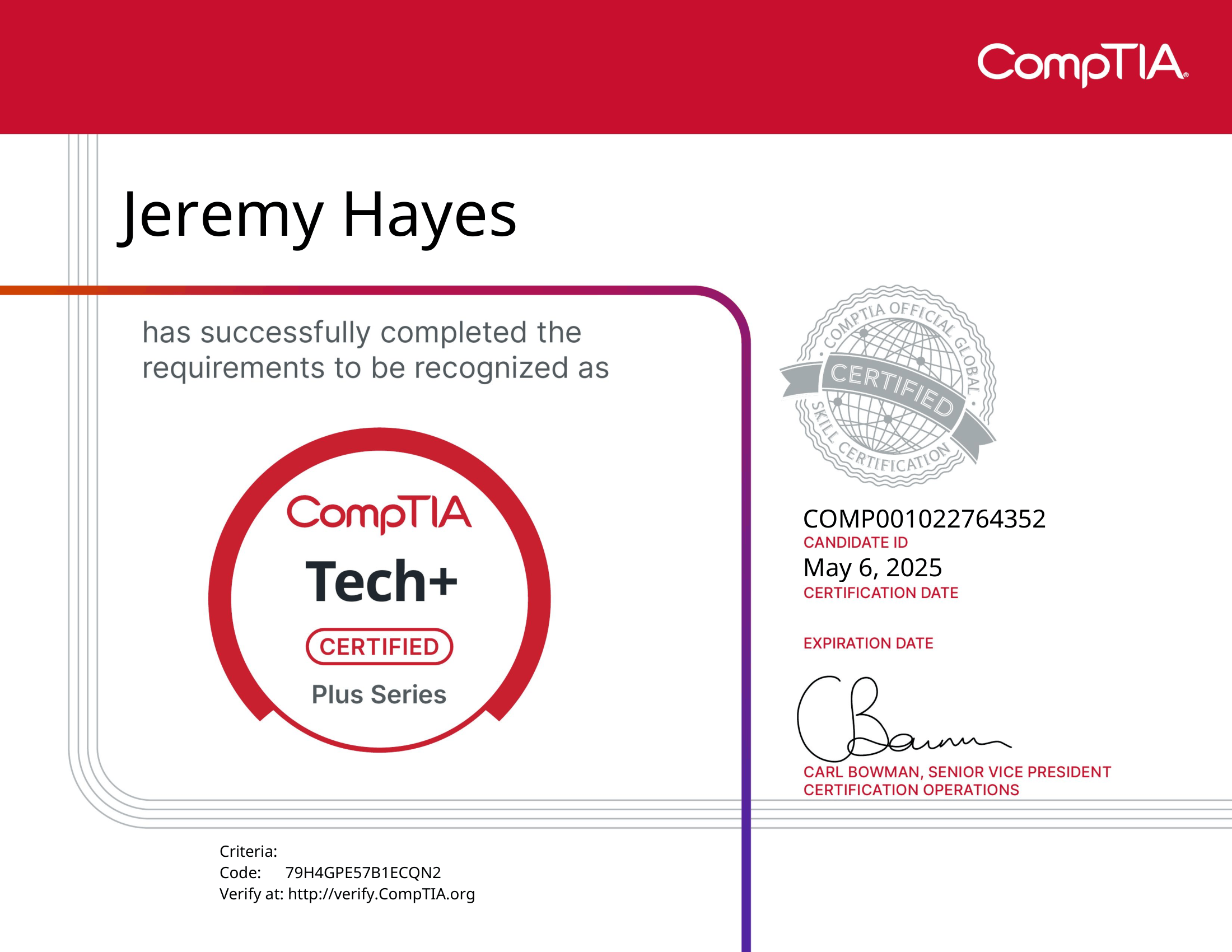 CompTIA Tech+ certificate